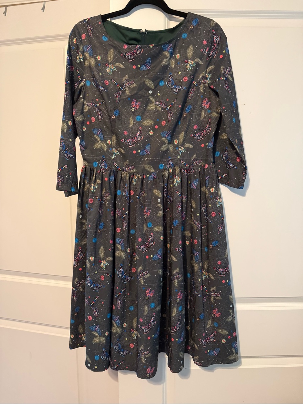 Rare Lindy Bop Dark Green Dress with Dragonfly Butterfly Accents